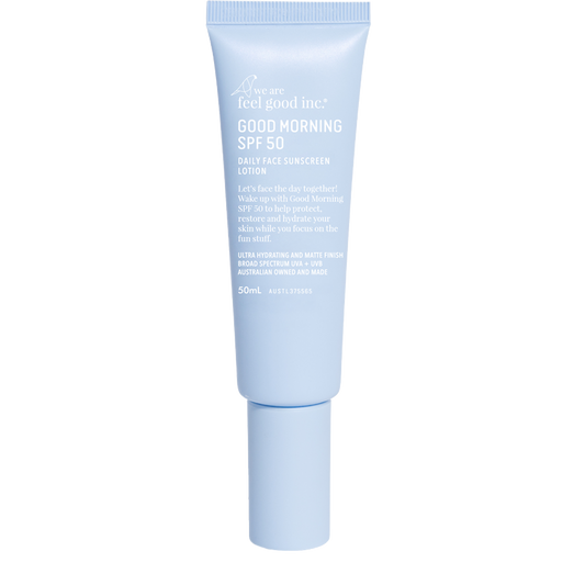 We Are Feel Good Inc. Good Morning SPF 50 daily face sunscreen lotion in a 50ml plastic tube