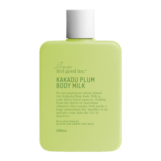 A lime green 200ml plastic bottle of We Are Feel Good Inc. Kakadu Plum Body Milk