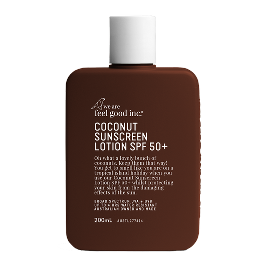 A 200ml brown plastic bottle of We Are Feel Good Inc. Coconut Sunscreen Lotion SPF 50+ 
