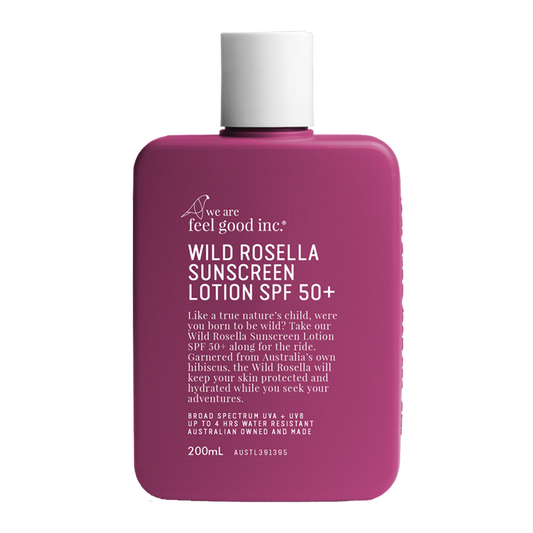 A fuchsia coloured 200ml plastic bottle of We Are Feel Good Inc. Wild Rosella Sunscreen Lotion SPF 50+ 