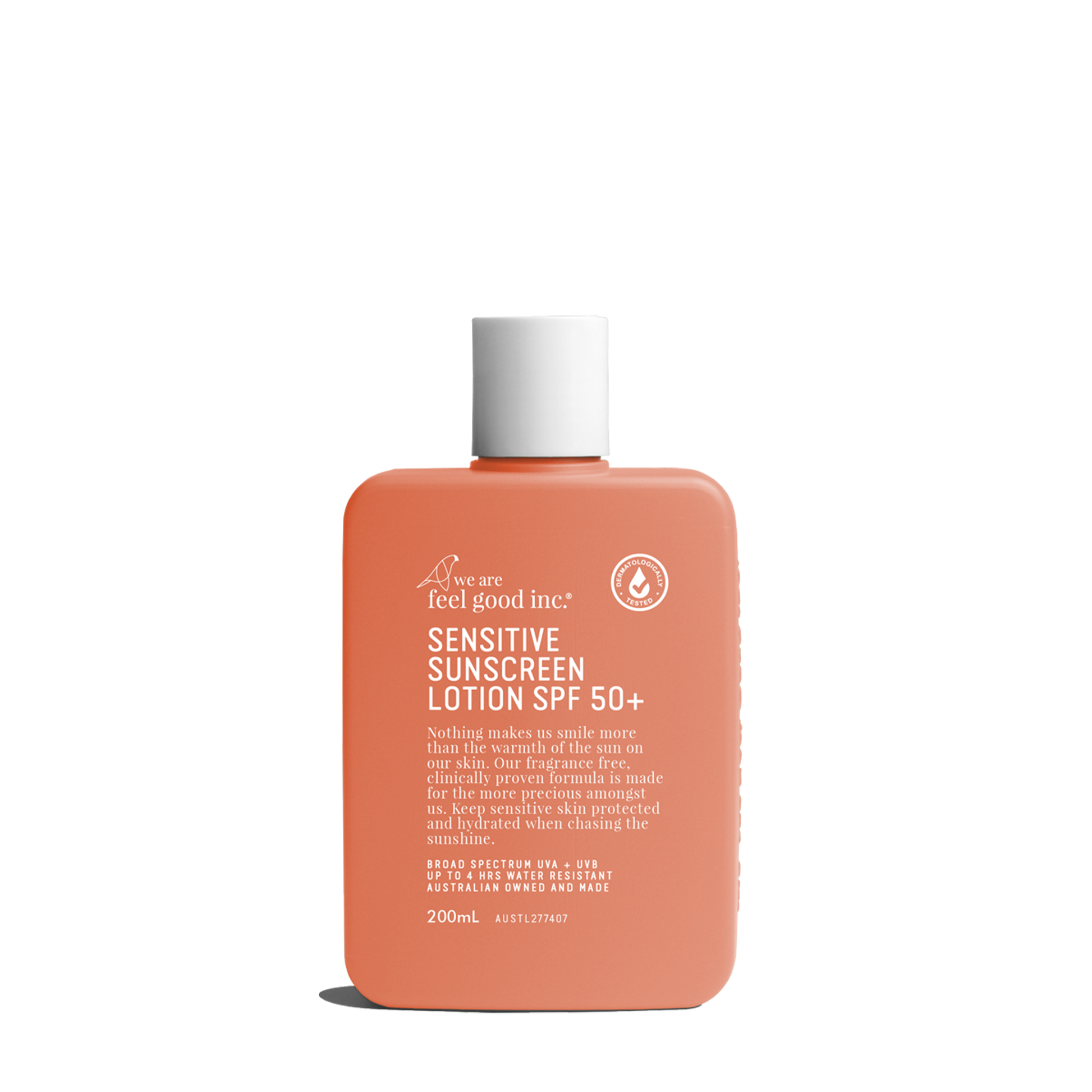A coral-colored plastic bottle of We Are Feel Good Inc. Sensitive Sunscreen Lotion SPF 50+, 200ml, with a white cap