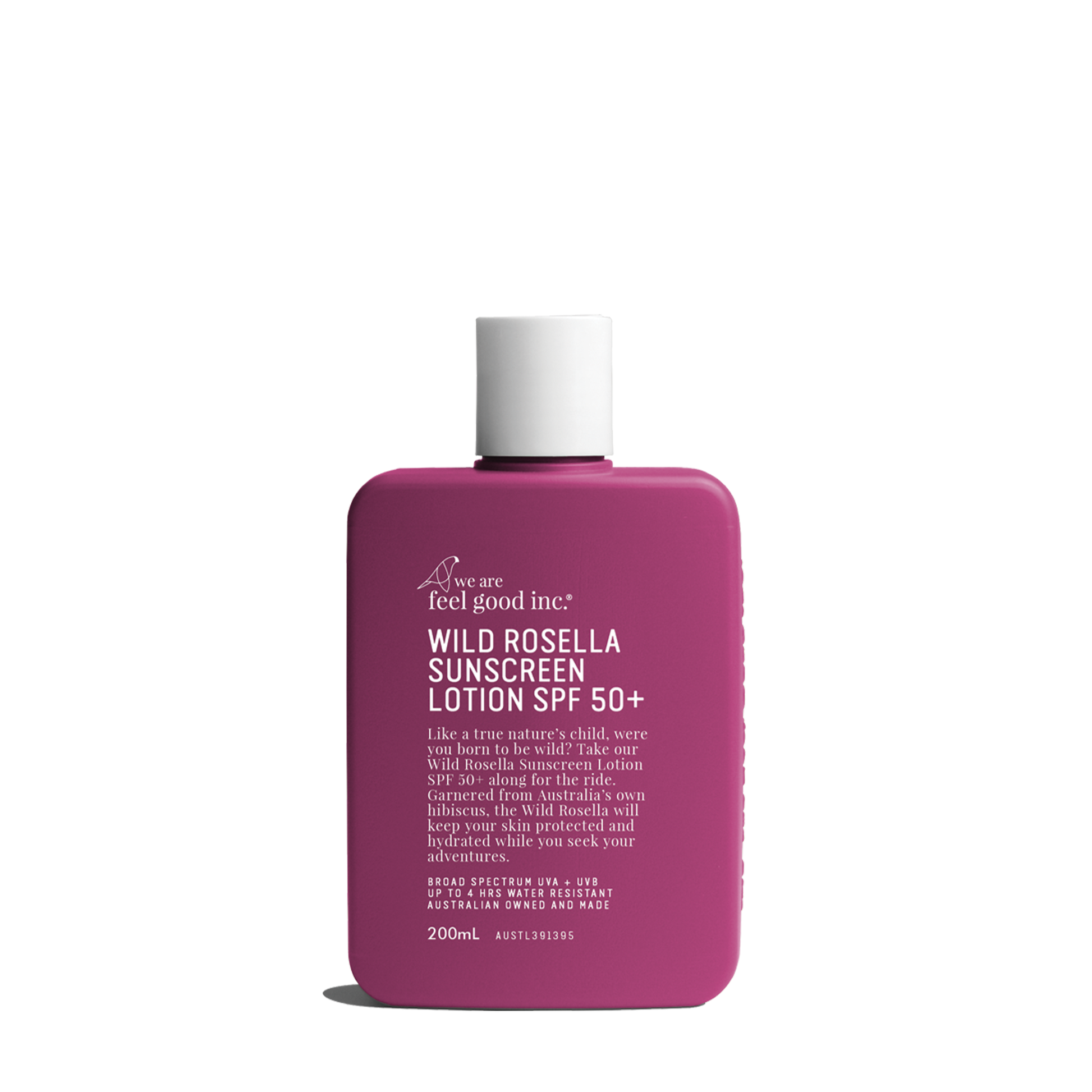 A fuchsia coloured 200ml plastic bottle of We Are Feel Good Inc. Wild Rosella Sunscreen Lotion SPF 50+ 